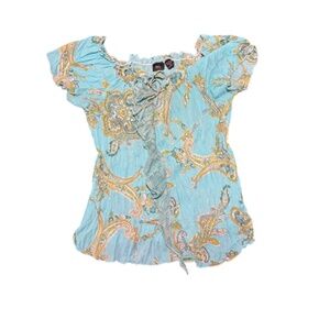 MDS California Boho Paisley Peasant Top – Size M (Aqua Blue & Gold)